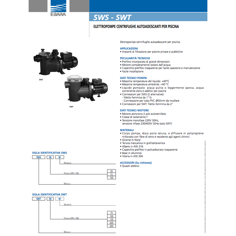 Ebara Pompa Elettropompa Con Filtro Autoadescante Per Piscina Swt Ebara