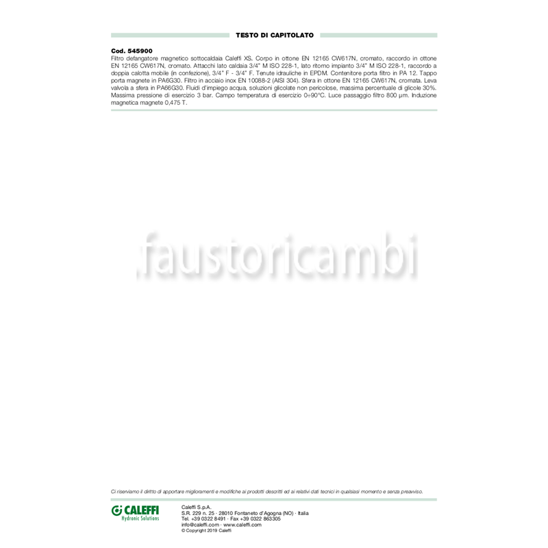 1012098 - CALEFFI MAGNETIC DRAINER UNDER BOILER WITH FILTER MAGNET 3/4 M-F  545900 PROFESSIONAL - CALEFFI